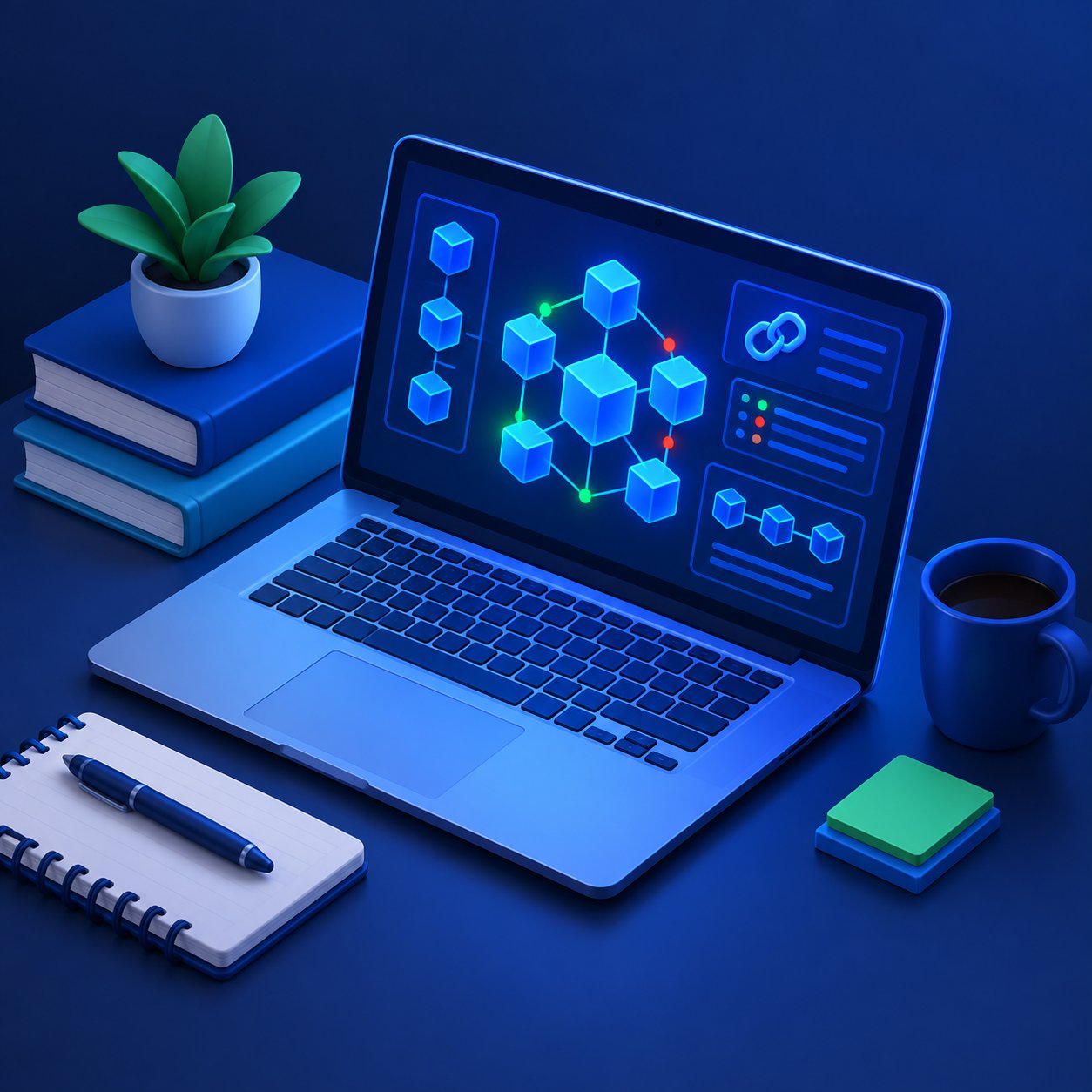 Student laptop showing blockchain diagrams in a cozy study