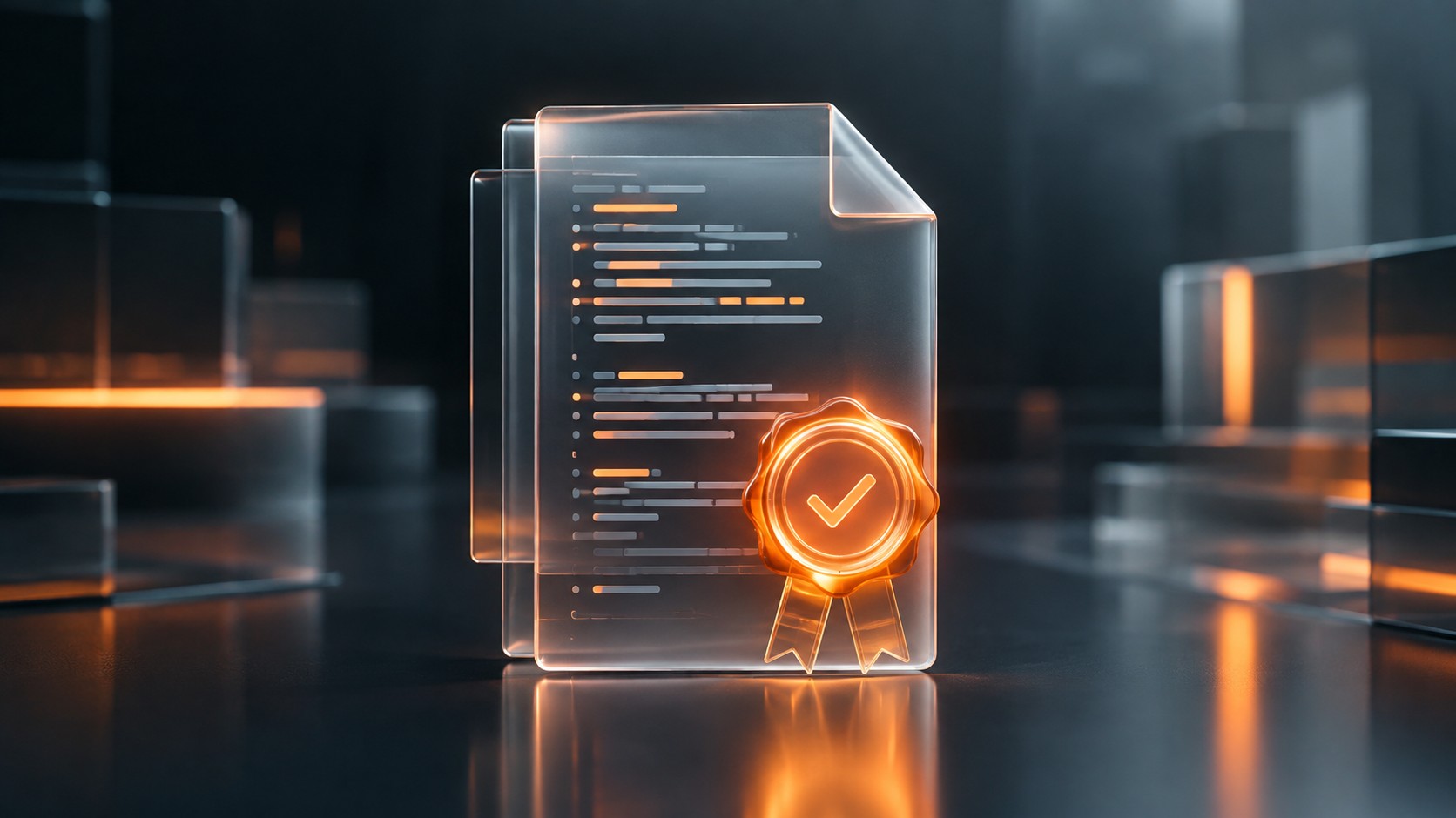Transparent document made of code lines sealed with a glowing stamp