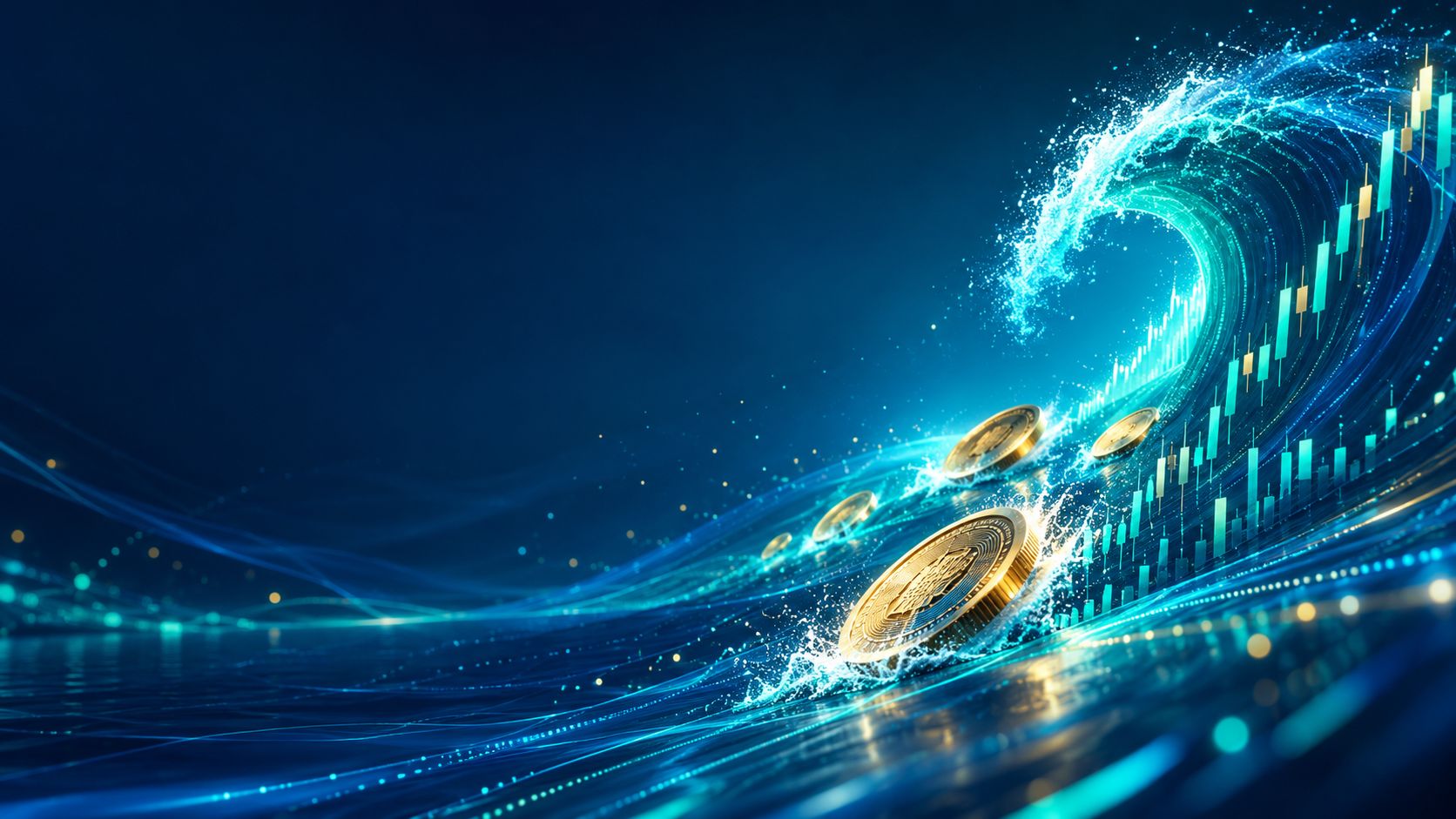 Coins surfing on a huge wave shaped like a price chart