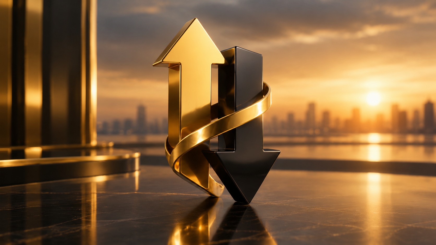 Abstract upward and downward arrow sculpture representing interest rate changes