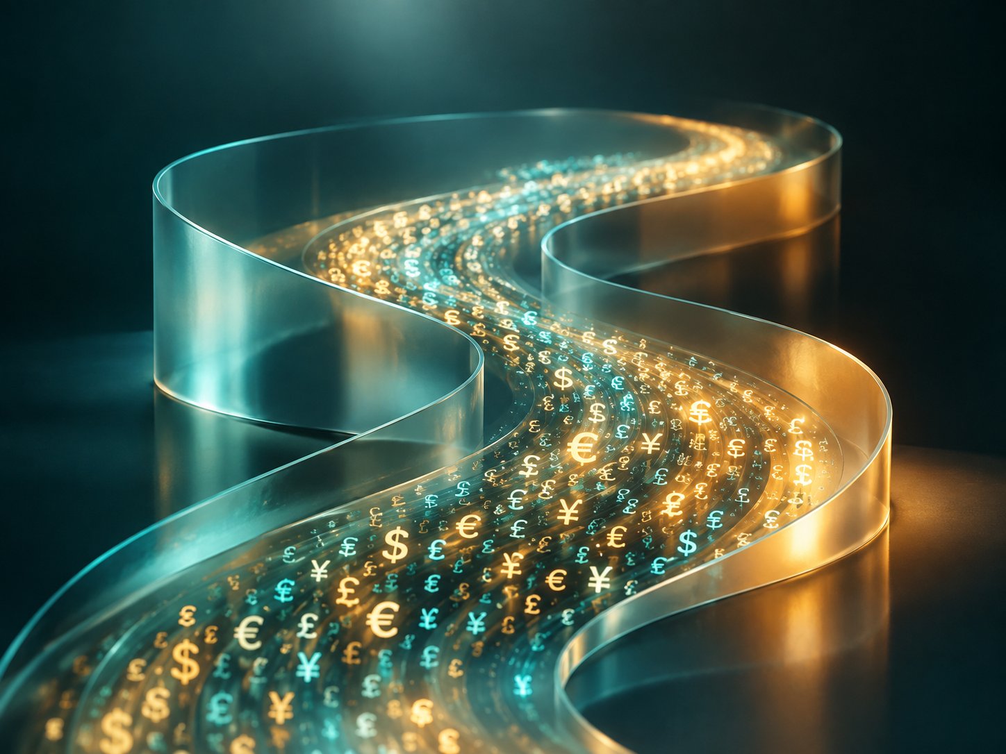 Flowing river of light made of tiny currency symbols