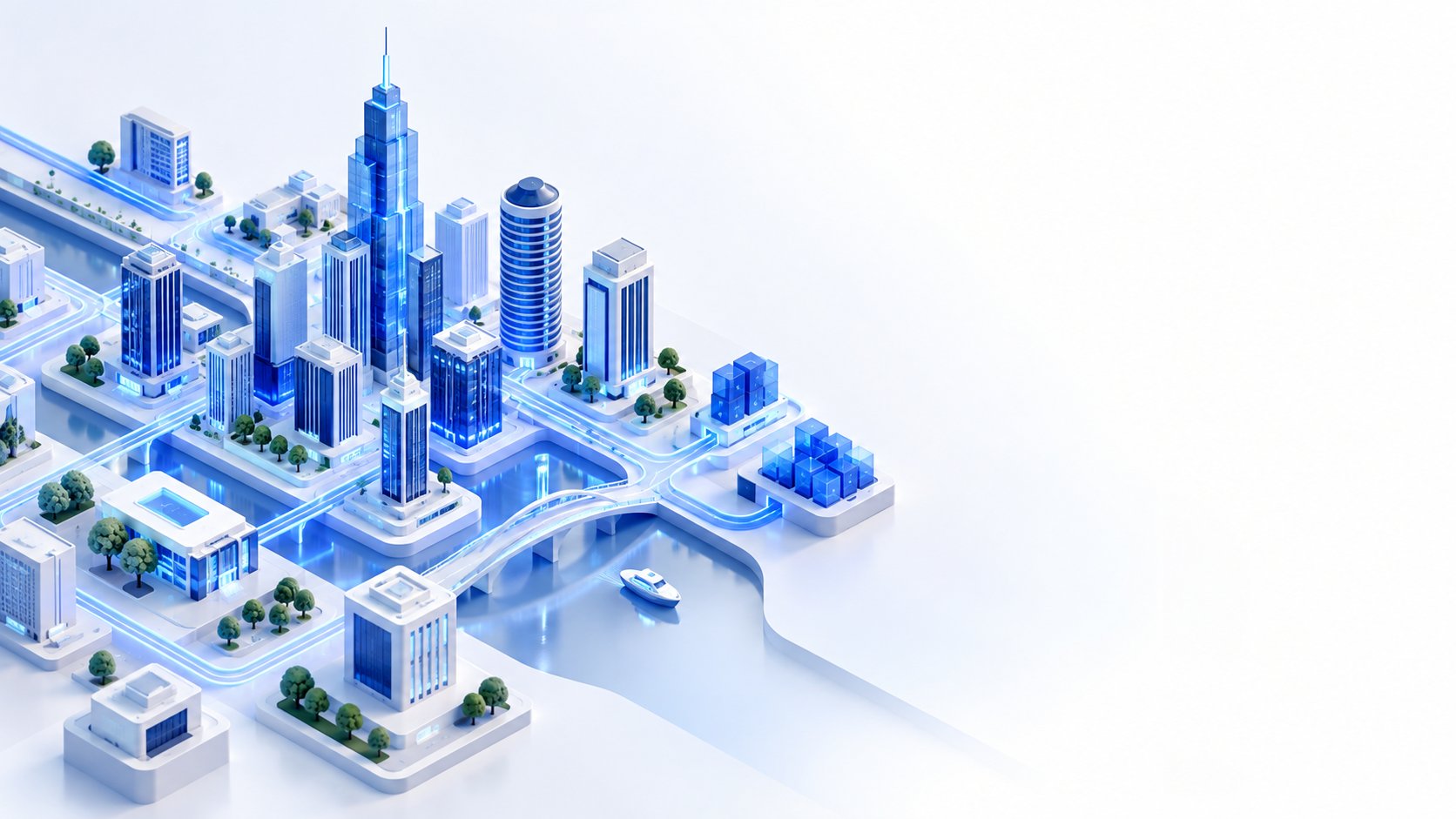 Digital city built from blocks and light paths