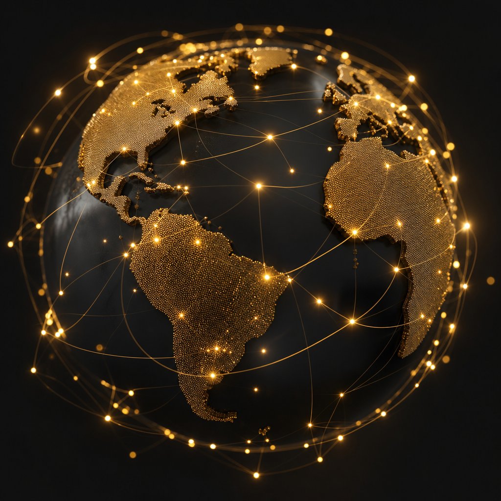 Global network of interconnected glowing nodes